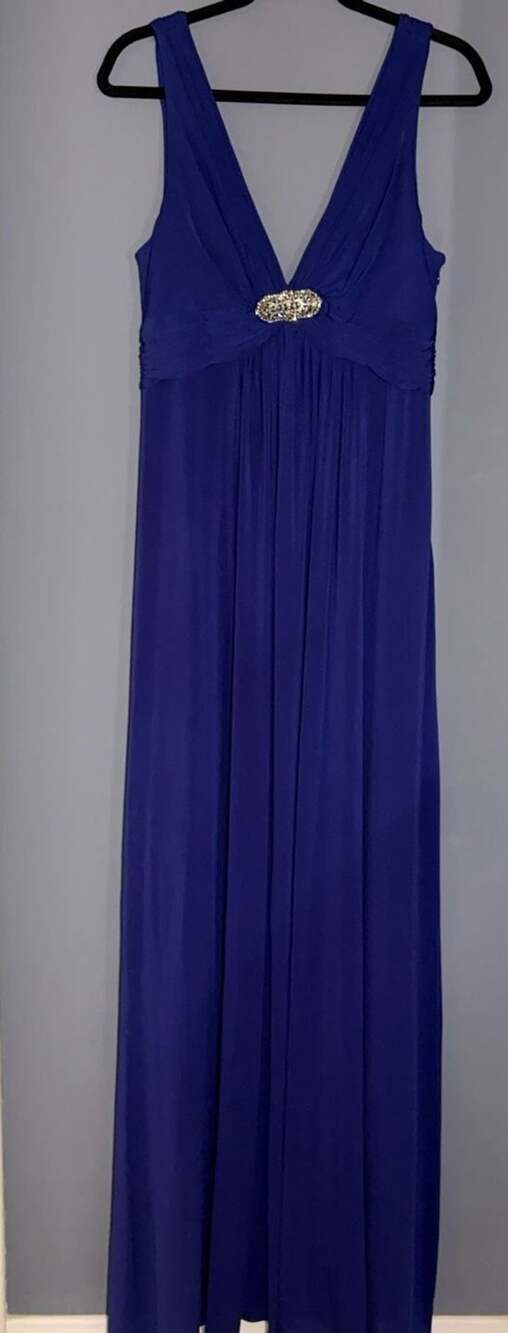 BCBGMaxAzria Blue Depth Sleeveless Embellished Waist Long Evening Dress L